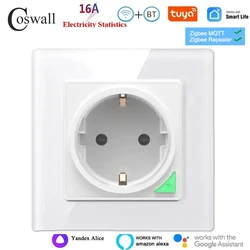 COSWALL Glass Panel White WIFI Tuya Smart EU / Universal Wall Socket With Power Monitoring Alexa / Yandex Alice / SmartThings