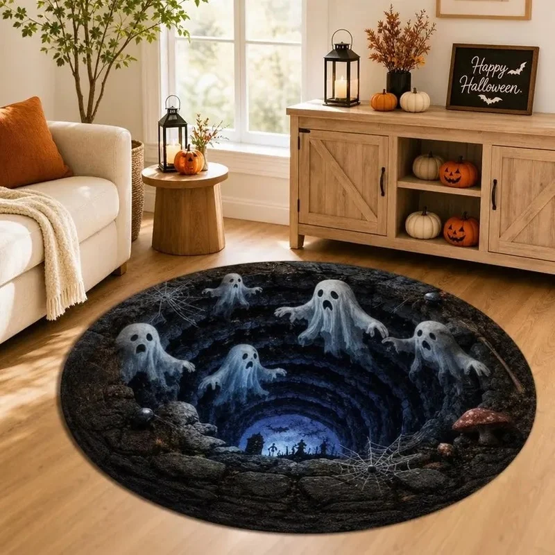 Optical Illusion Vortex Black Cat Halloween Round Rug Non Slip Pumpkin Bat Tree Pattern Indoor Home Floor Decor