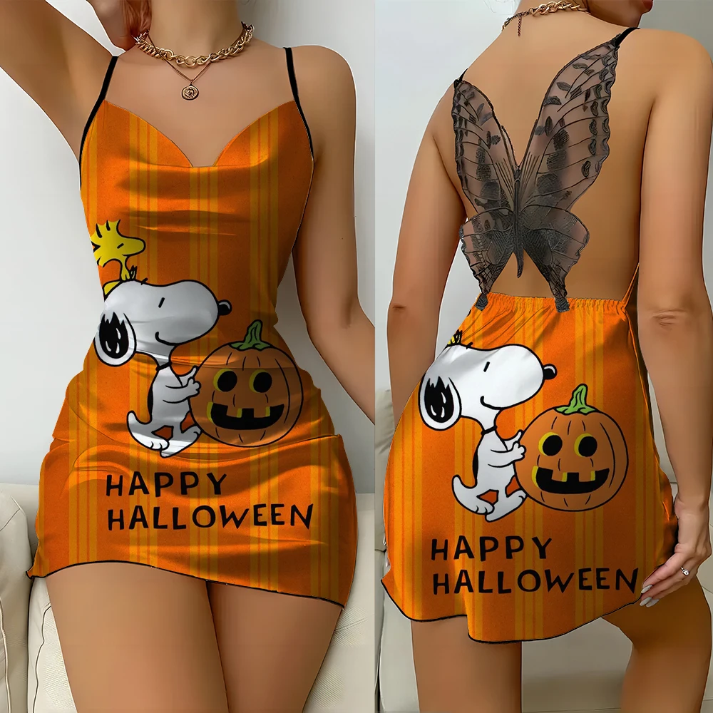 

Summer new Halloween Snoopy ladies dress printed V-neck suspenders lace sexy backless dress fashion cosplay costume