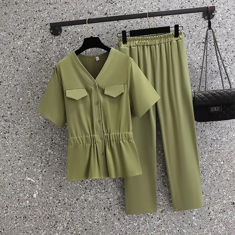 

Summer Women's Suit with Pants Green V Neck Blouse Two-piece Set Wide Leg Trouser Suits for Women Oversize Tracksuit Outfit 2023