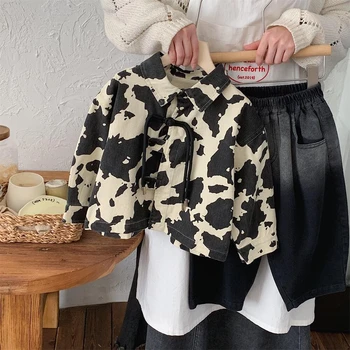 سترة كاجوال فضفاضة بياقة مطوية للأولاد ، معطف قصير ، لون متباين ، جاكيت للأطفال ، للربيع