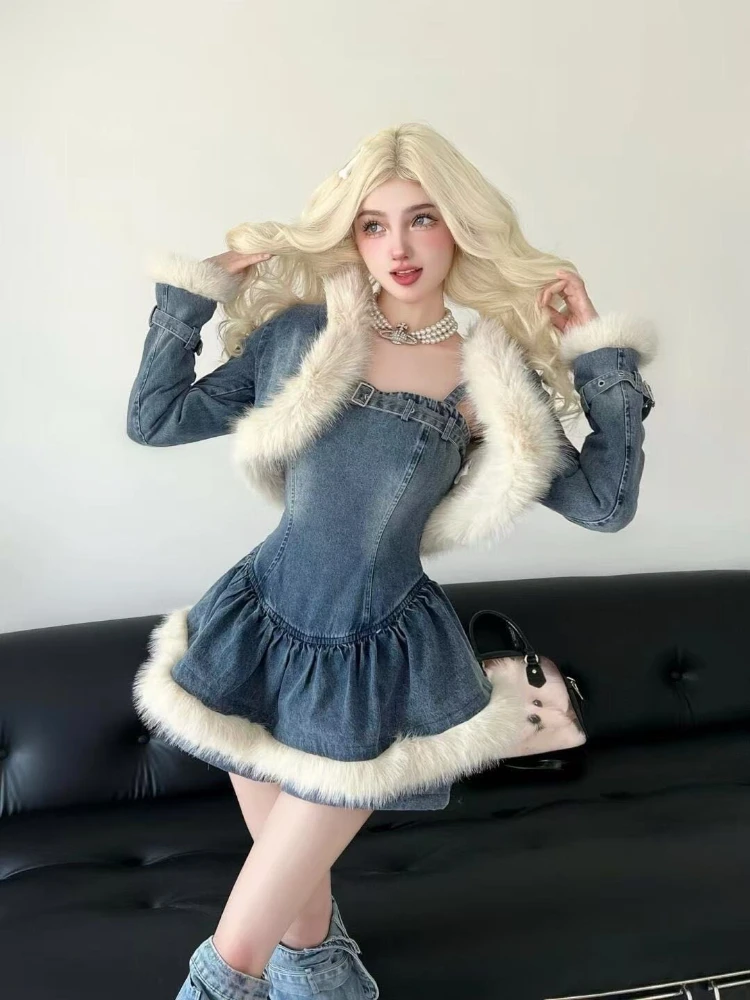 

Зимний корейский модный женский комплект из двух предметов, джинсовая куртка + мини-юбка с лямкой на шее, джинсовый костюм для похудения, офисный женский комплект, женская одежда