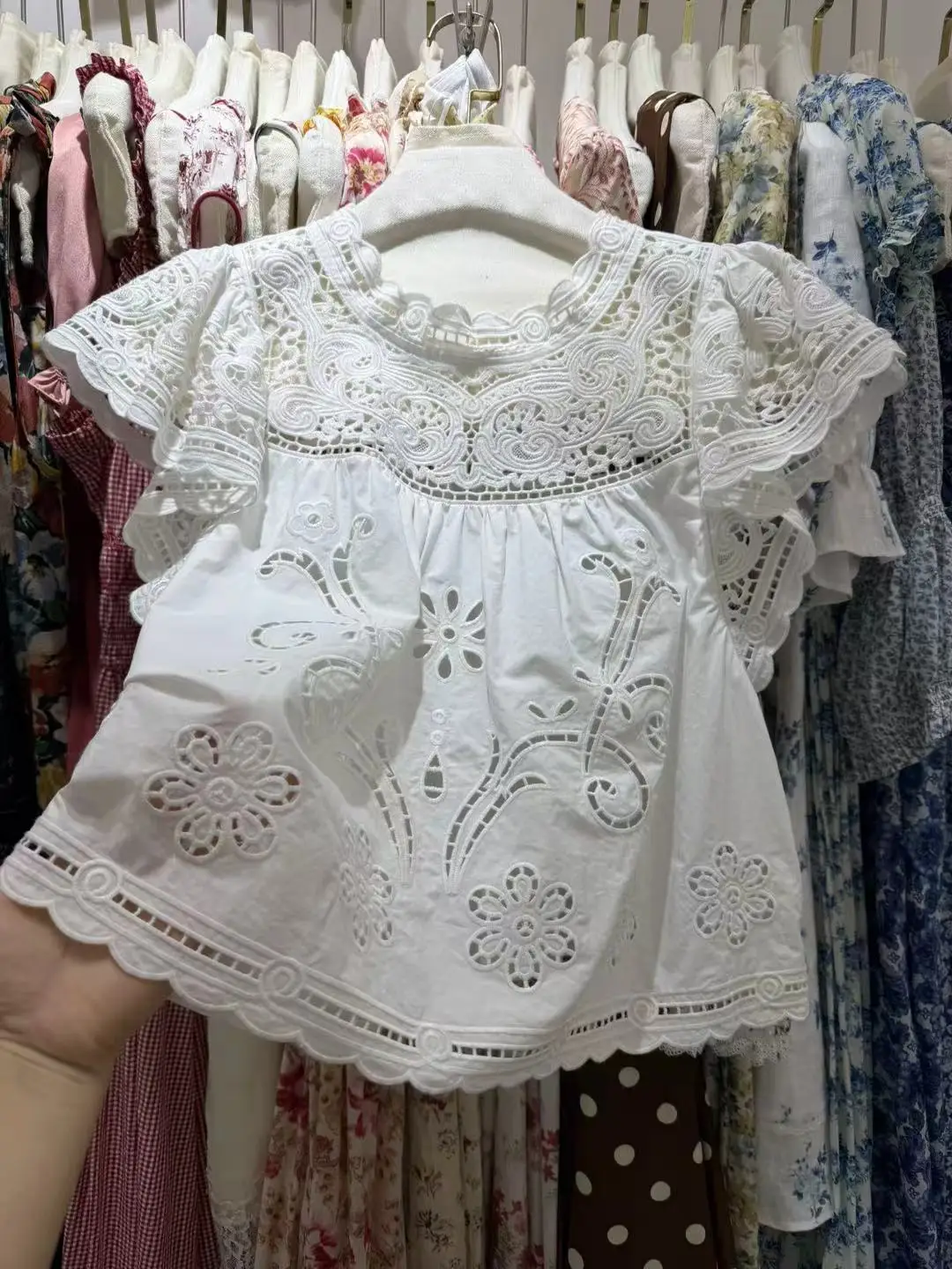 Hook Flower Hollow Women Cotton Shirt Summer 2026 Round Neck Flying Sleeve Casual White Blouse Tops - view 3