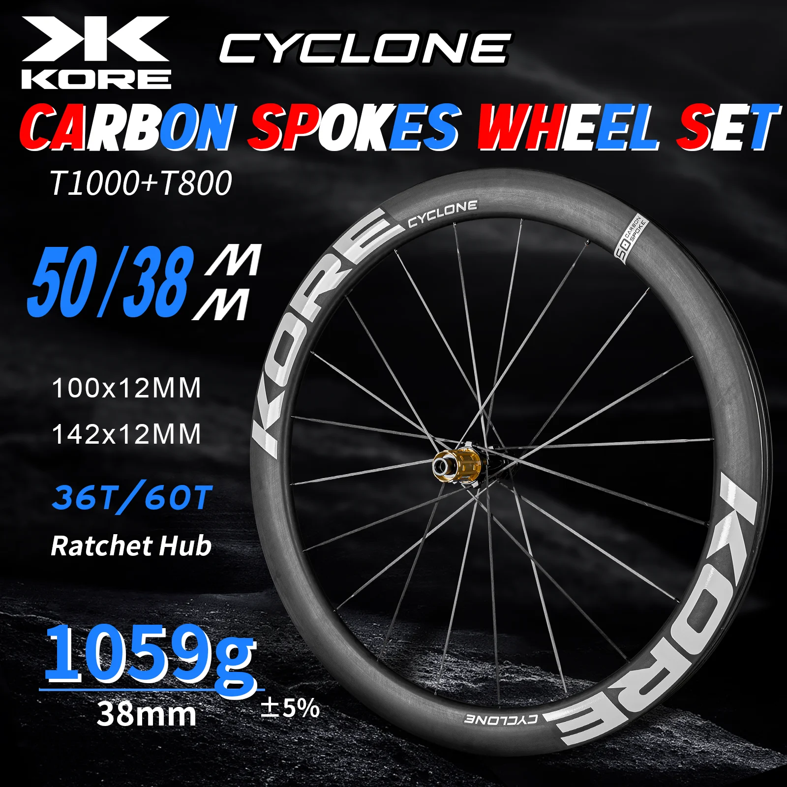 KORE CYCLONE 700C – zestaw karbonowych koła z szprychami, 1059 g/1199 g, 38 mm/50 mm, do hamulców tarczowych, do rowerów szosowych i gravelowych, 36T/60T, mechanizm zaciskowy, kompatybilne z systemami