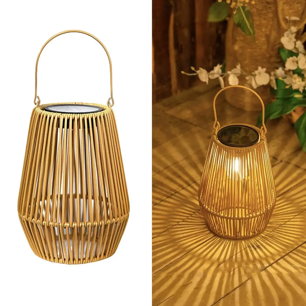 Woven Solar Lantern Rustic Solar Lamp with Handle Auto On/Off Solar Powered Outdoor Hanging Light for Farmhouse Garden Patio Yar