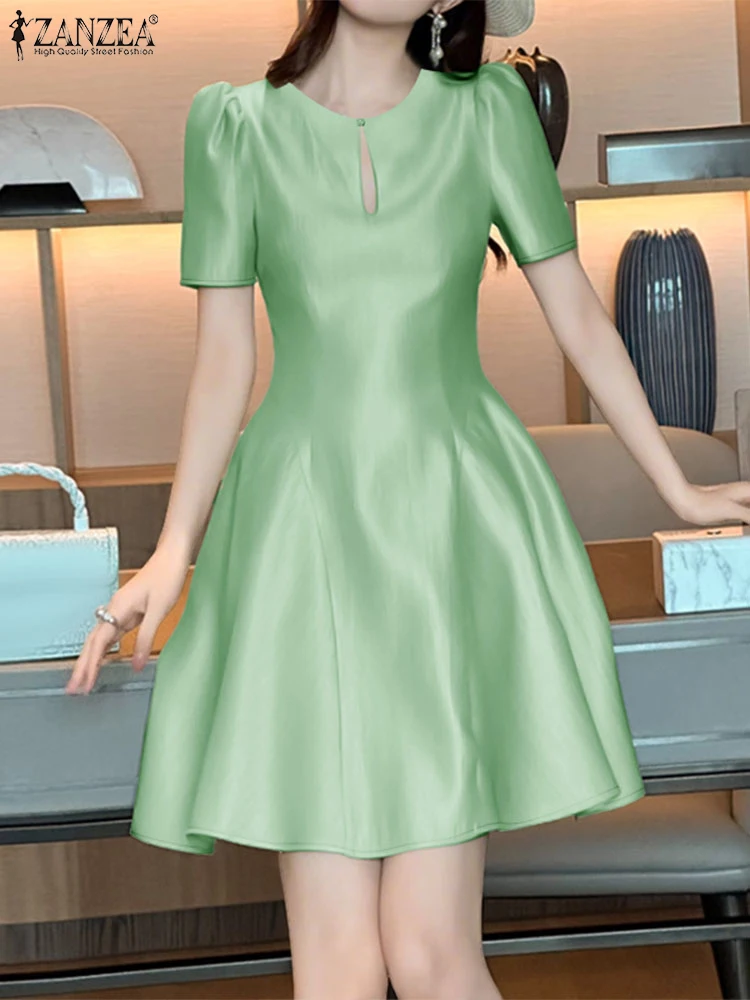 

ZANZEA Shiny Satin Keyhole O-Neck A-line Robes Short Sleeve 2025 Fashion Elegant Solid Dress Cocktail Party Woman Mini Dresses