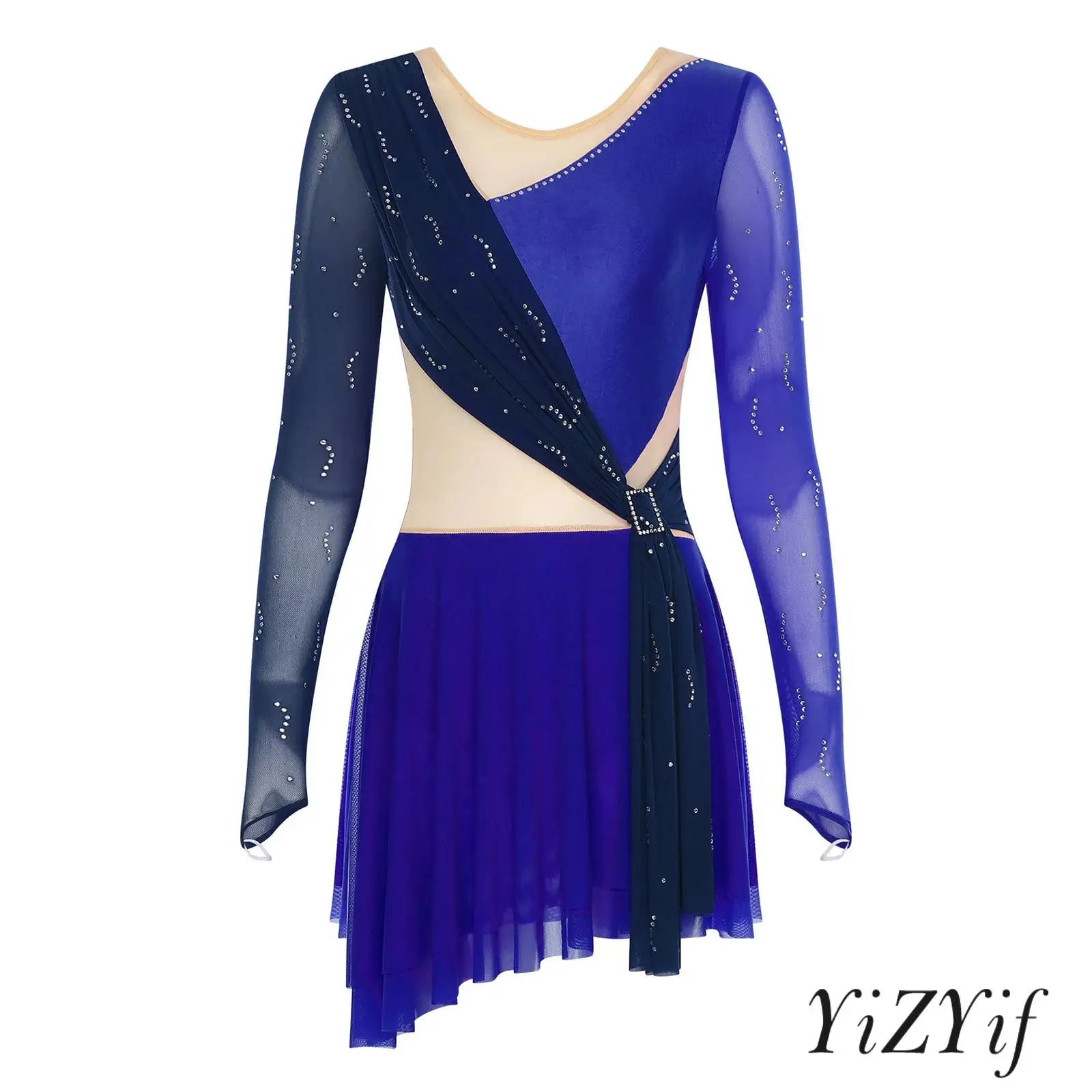 

Womens Figure Skating Dress Contrast Color Mesh Rhinestone Long Sleeve Skirted Ballet Gymnastics Dance Competition Leotard Dress