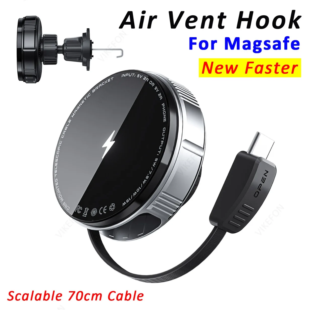 

Car Magnetic Wireless Charger Built in 70cm Type C Cable Air Outlet Phone Holder For iPhone 16~12 Samsung Xiaomi Fast Charging