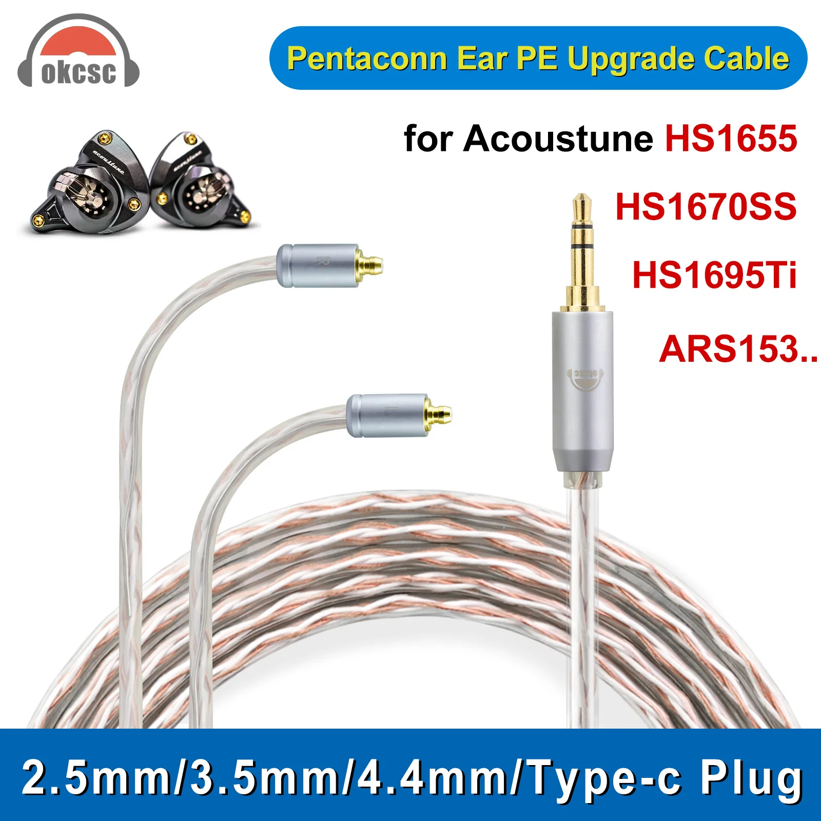 OKCSC Standard Balanced Earphone Cable Pentaconn Ear for Acoustune HS1655 HS1670SS Audio Cable with 2.5/3.5/4.4mm Type-c Plug