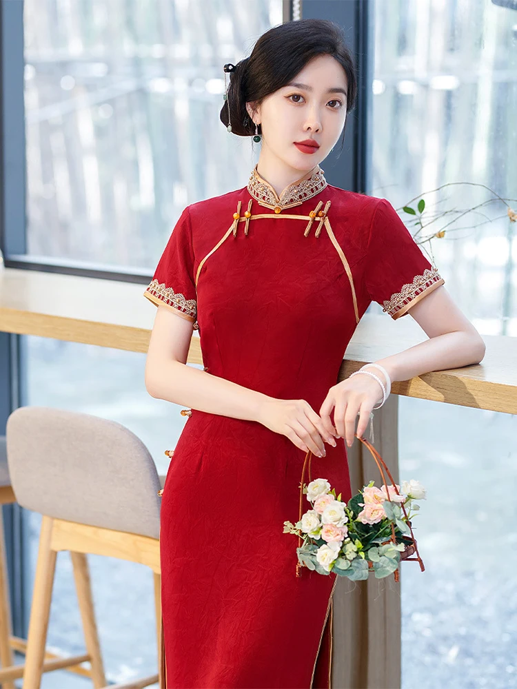 

Yourqipao Summer Long Silk Cheongsam Catwalk Banquet Party Evening Wedding Dress Traditional Chinese Clothing Qipao for Women