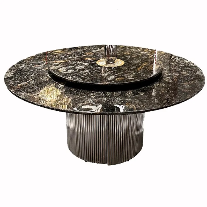 

Platinum diamond natural luxury stone large round table, high-end villa clubhouse with turntable marble dining table and chairs,