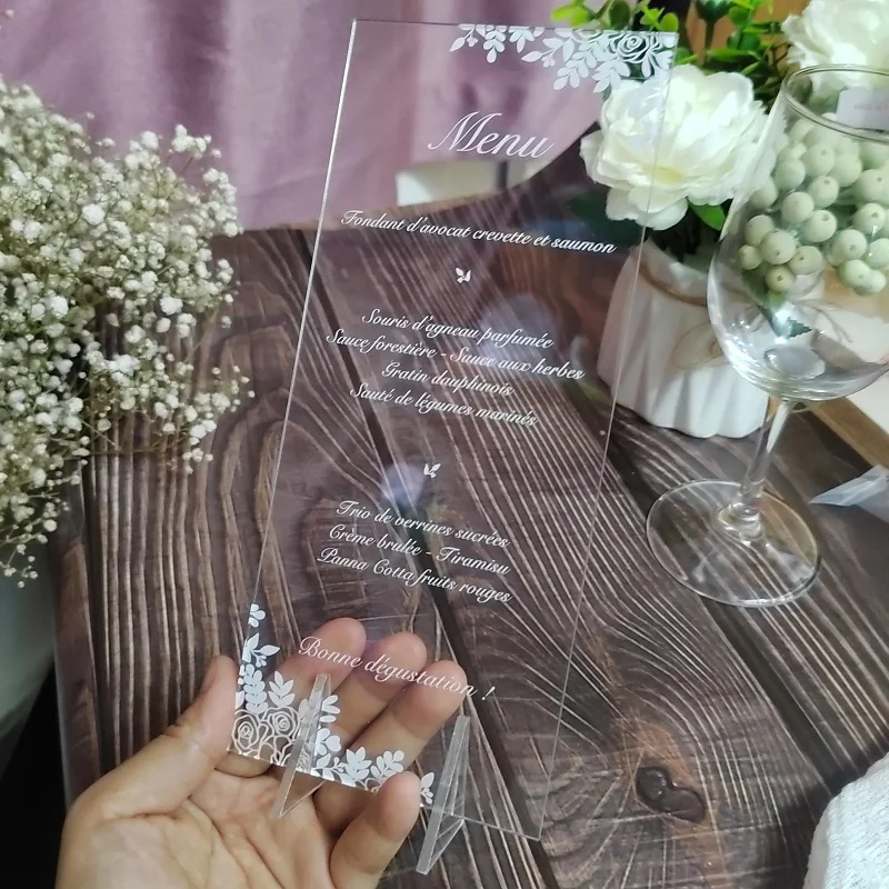 

15pieces Transparent Acrylic Menu Card with Stands Personalized Design Plexiglass Invitation Card with UV Printing