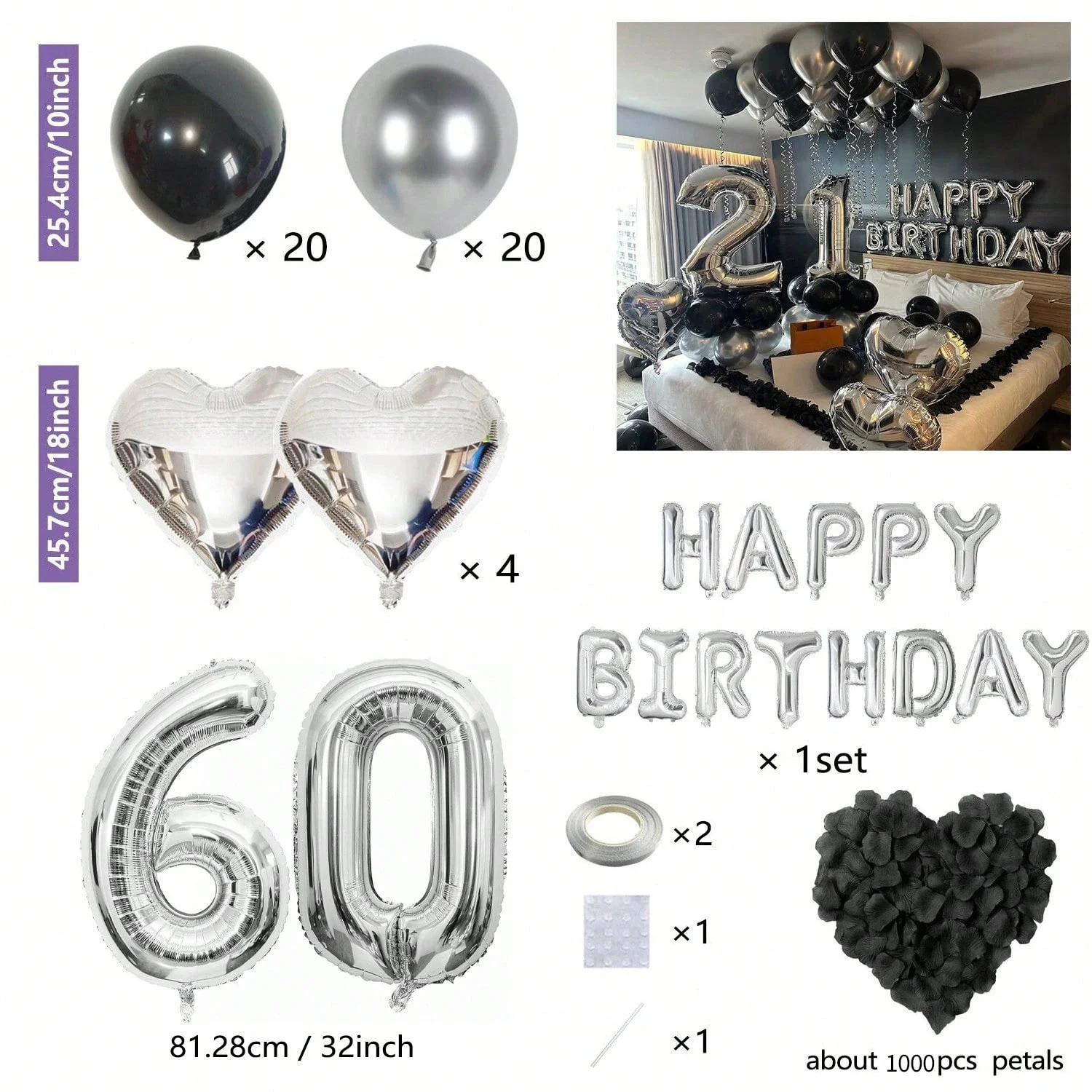 1050 Stück Schwarze & Silberne Partyballons Dekorationen mit Silbernem Happy Birthday Banner Chrom Silber Ballons für Kinder und Erwachsene