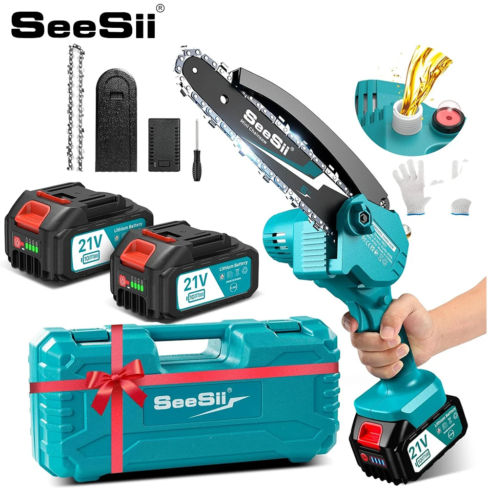 SEESII 6'' Cordless Mini Chainsaw with 2pcs 4.0Ah Batteries Electric Saw Rechargeable Woodworking Garden Pruning Saw Power Tools