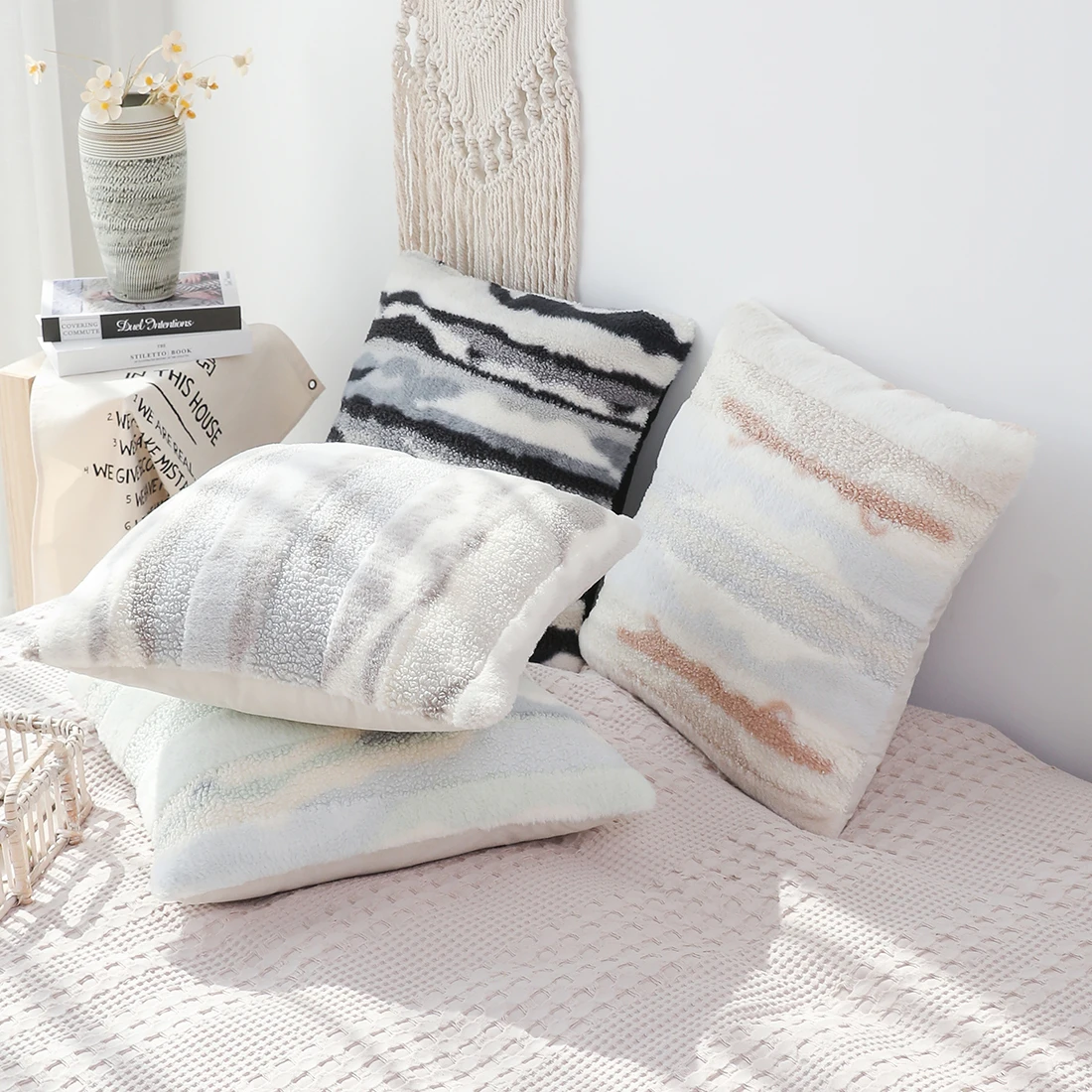 Gradient Cushion Cover 45x45cm Super Soft Gray Plush Decorative Imitation Rabbit Fur Pillow Cover For Home Use Sofa Living Room
