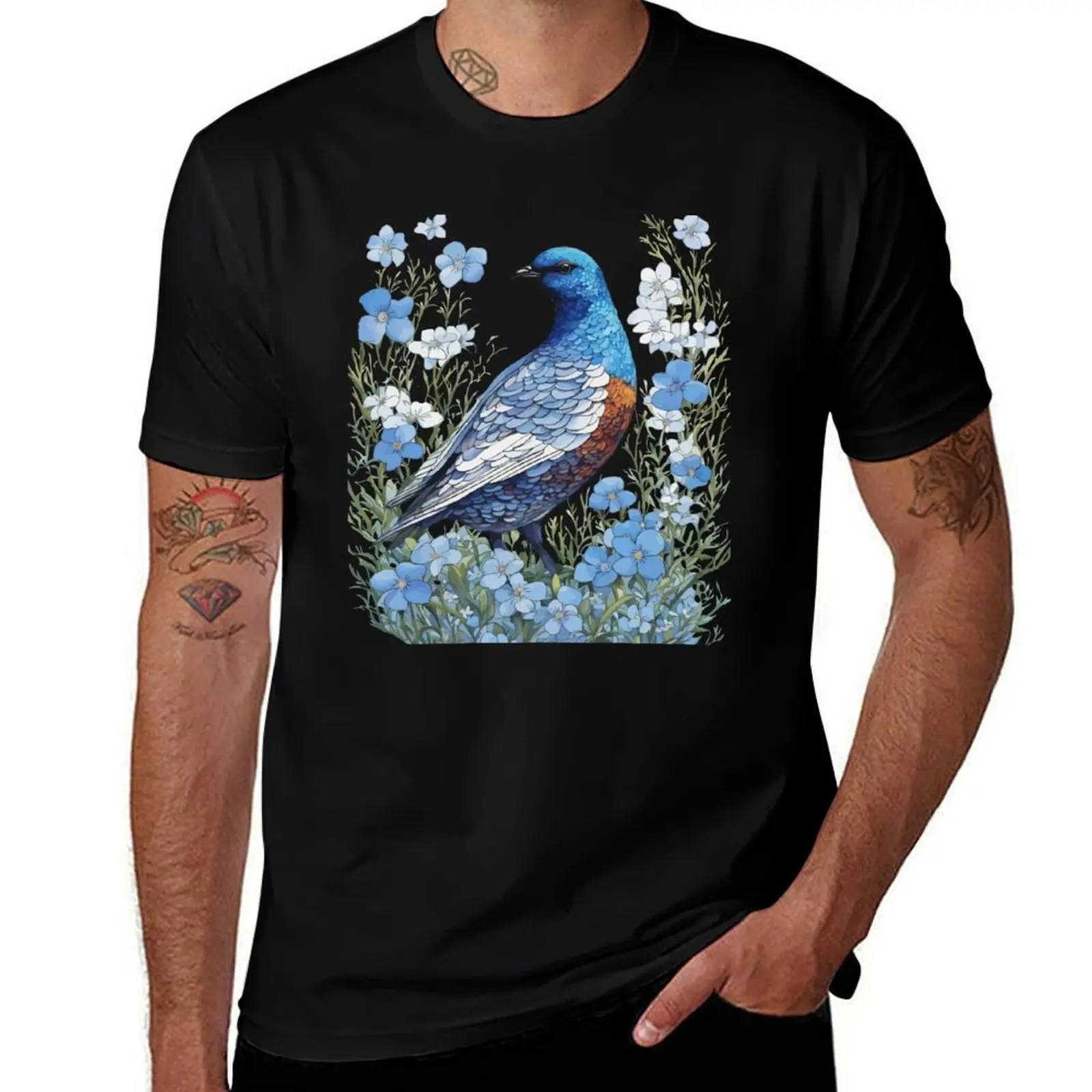 

Willow Ptarmigan Grouse And Forget-Me-Nots T-Shirt cotton graphic tees aesthetic clothes black t-shirts for men