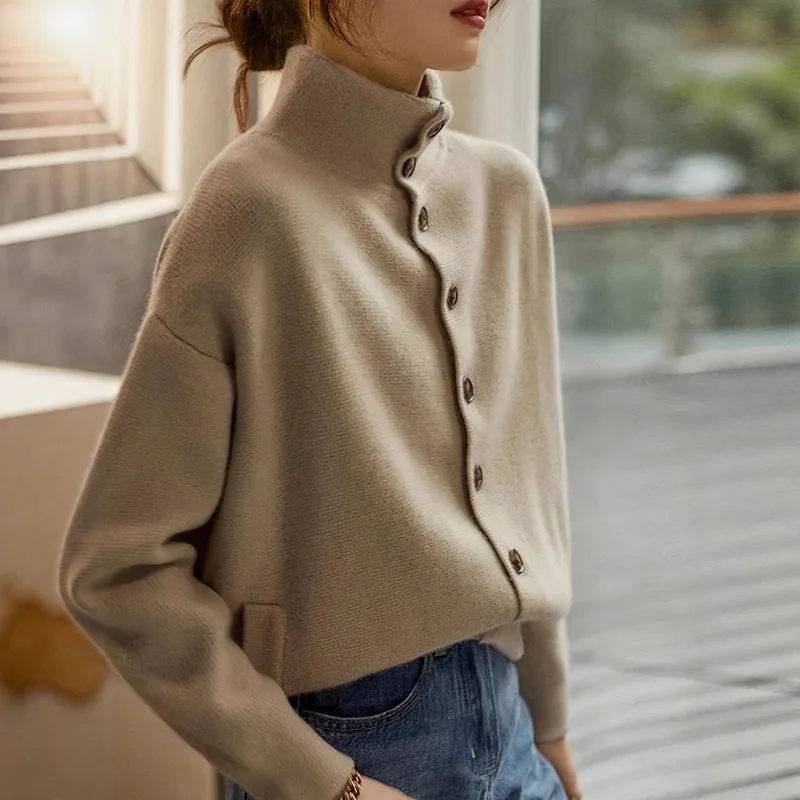 Autumn and Winter Women's Versatile Solid Color Casual Single Breasted Stand Up Collar Long Sleeved Knitted Cardigan for Women