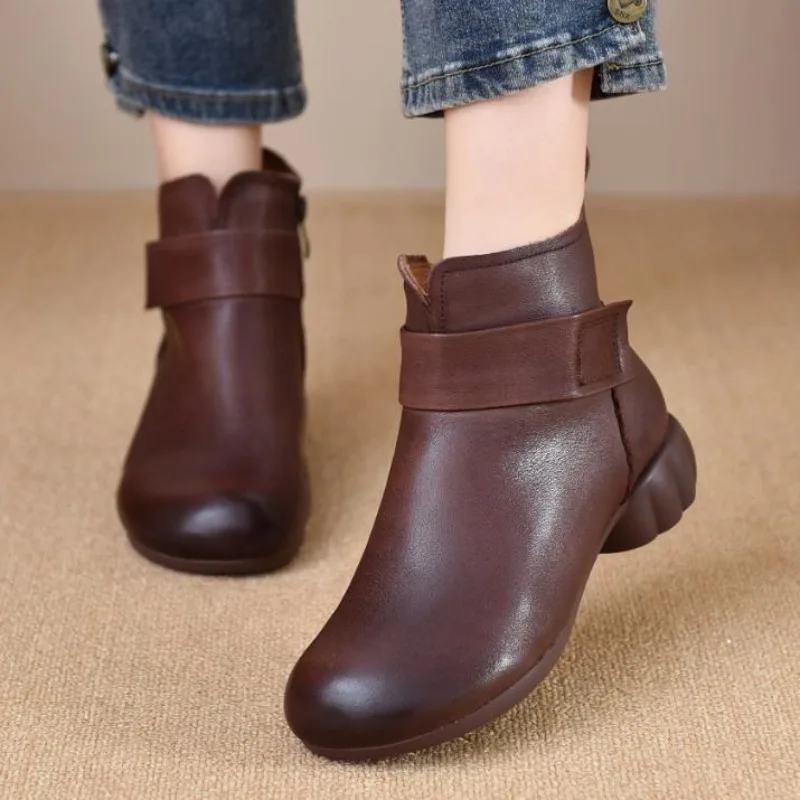 

2025 3.5CM New Natural Cow Genuine Leather Flats Booties Ankle Fashion Spring Ethnic Loafer Round Toe Women Autumn Boots Shoes