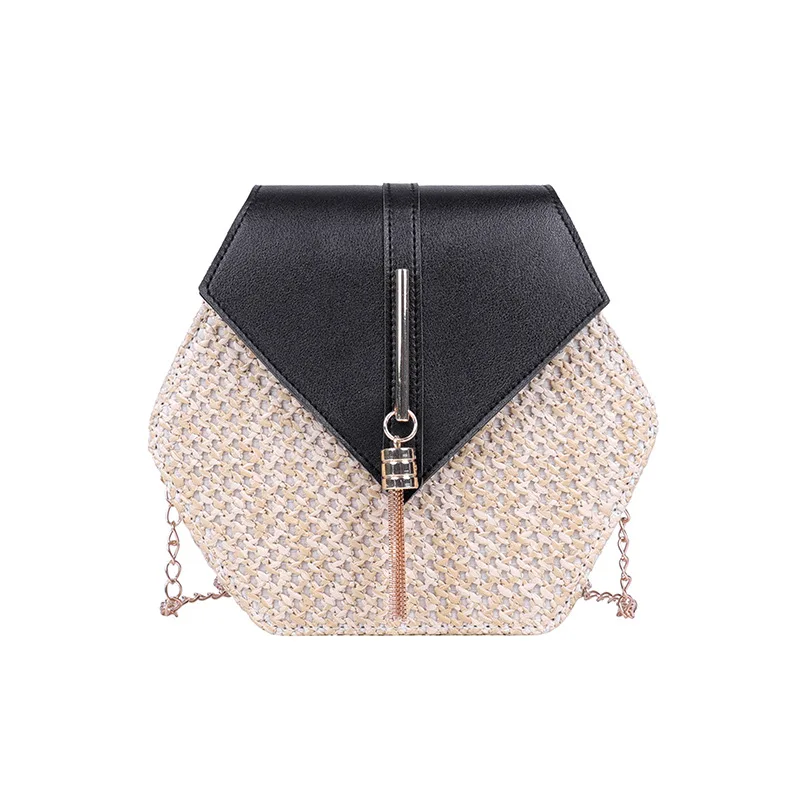 Bolso de mano de paja con forma hexagonal para mujer, bolsa de mimbre hecha a mano, estilo bohemio, de verano