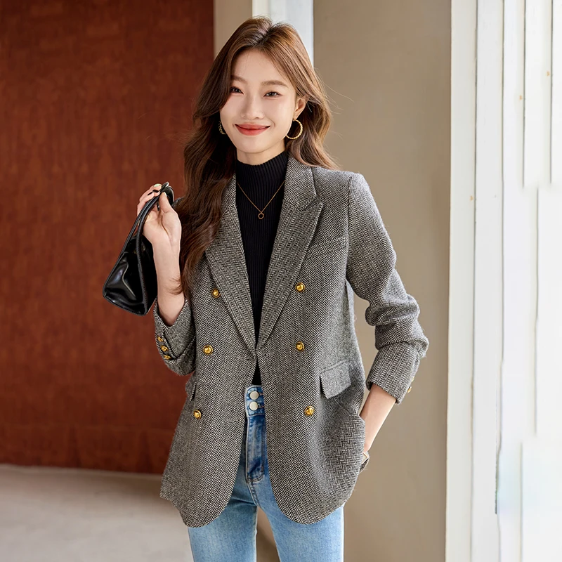 Women\'s Short Woolen Suit Jacket 2024 New Autumn and Winter French Style Coat High-grade Houndstooth Loose Casual Lady Suit Top