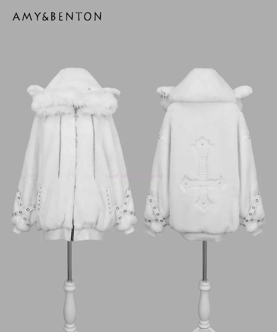 Mine Sweet Cool Plush Hooded Thickened Jacket Winter Subculture Goth Cross Embroidered Lamb Ears Cute Plush Coat Padded Jacket