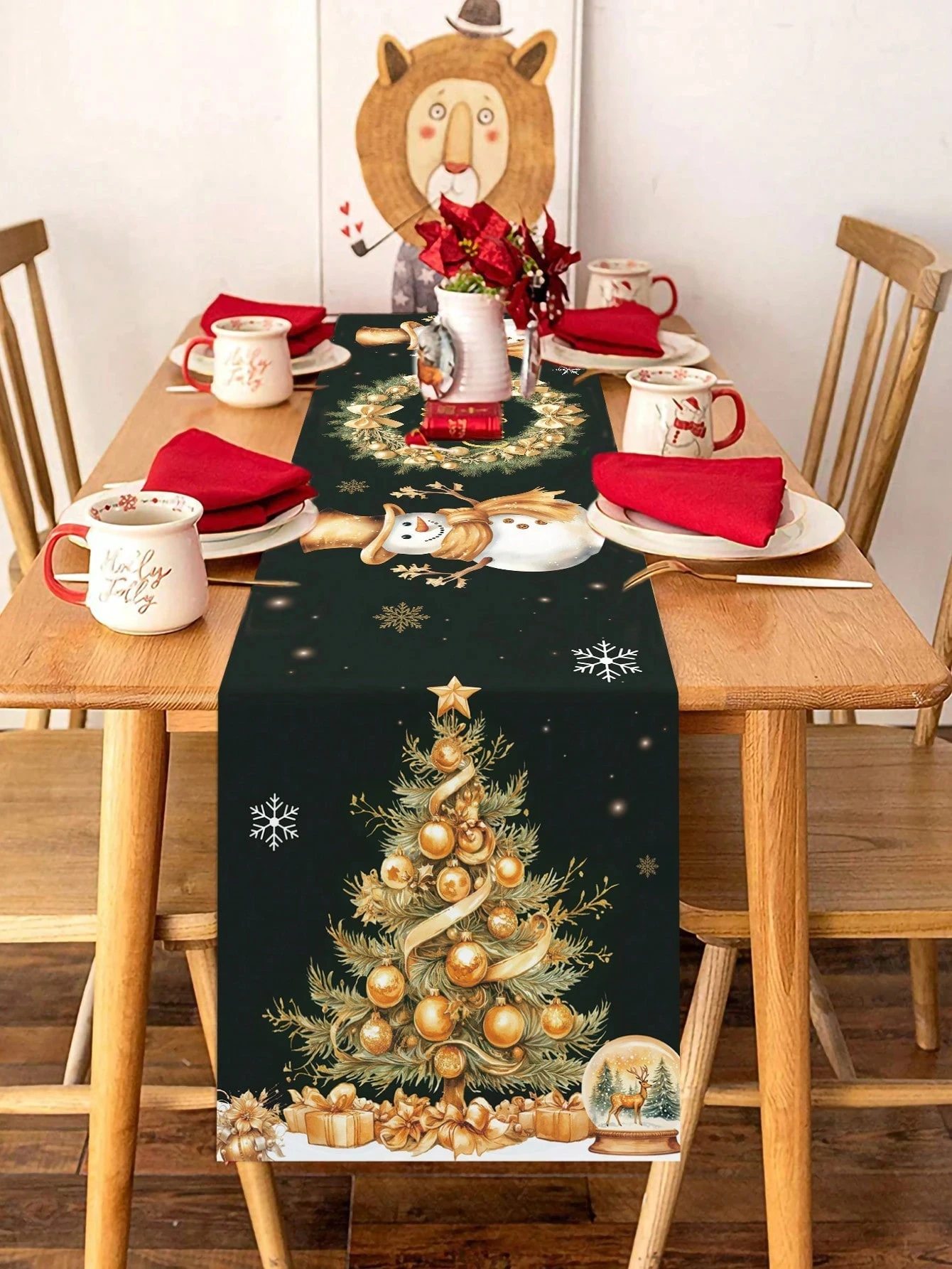 1pc Black Gold Christmas Decor  Table Runner  Christmas Tree/Wreath/Snowman Pattern, Flat Print, Ideal for Merry Christmas Party
