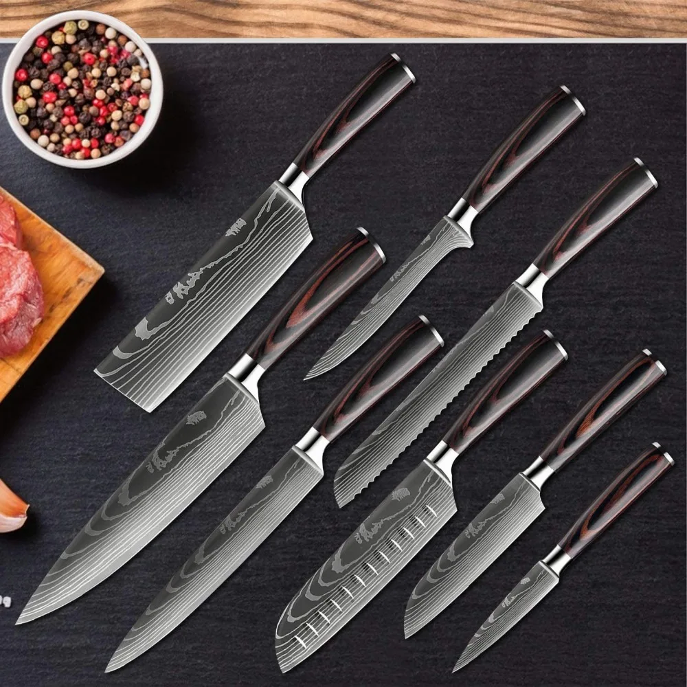 Kitchen Knives Stainless Steel 1-10PCS Set 7CR17 440C Laser Damascus Japanese Cleaver Slicing Utility Chef Knife Cooking Tools