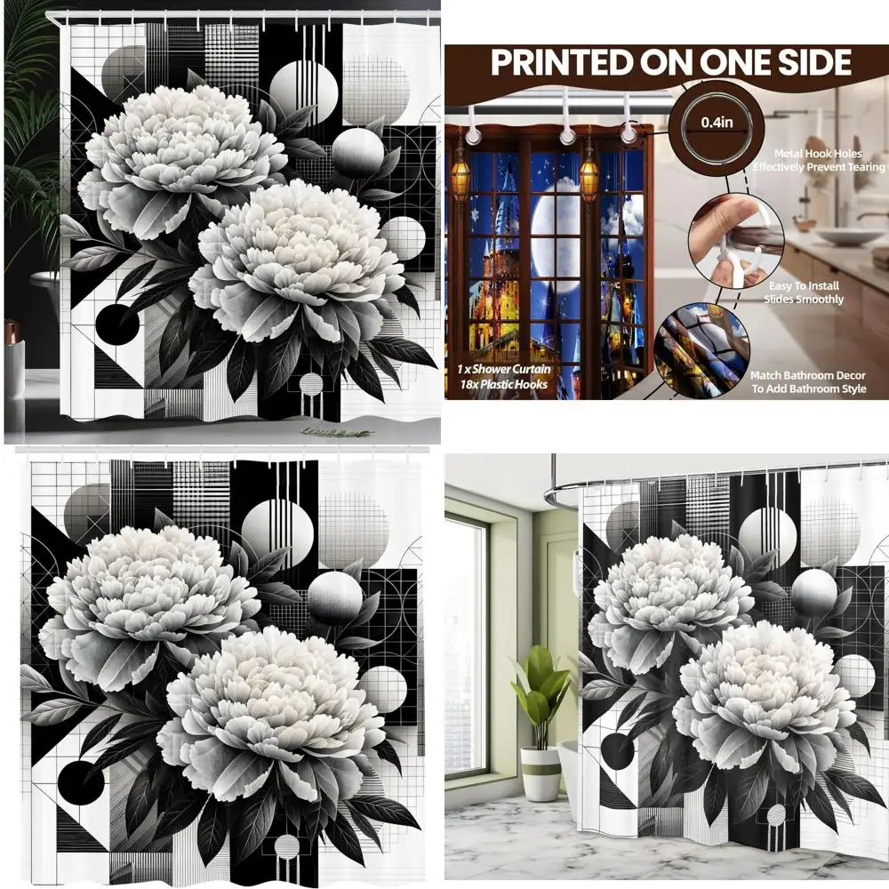 

Современная занавеска для душа середины века: черно-белые цветы пиона на геометрическом узоре, тканевый декор для ванной комнаты.
