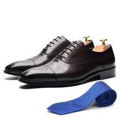 Zapatos de vestir clásicos de piel auténtica para hombre, calzado Formal con cordones, Oxford, negocios y oficina, color negro y marrón, 2024