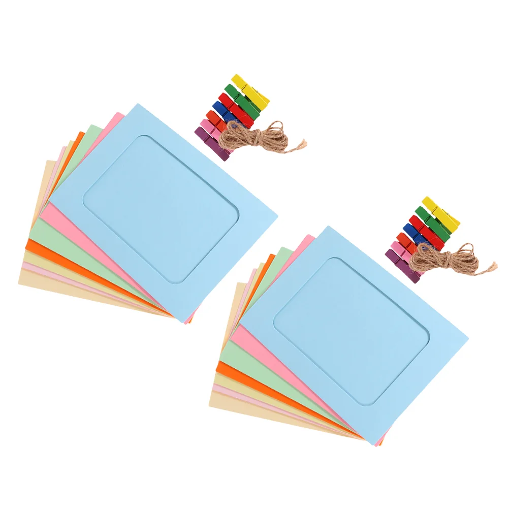 

2 Sets Hanging Paper Photo Frame Picture with Wood Clips Decorate Small Cotton Linen