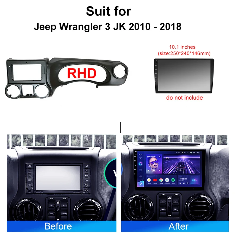 Car Radio Fascia Installation Panel For Jeep Wrangler 3 JK 2010 - 2018 Android 2 Din Stereo Mounting Bezel Faceplate Frame Kit