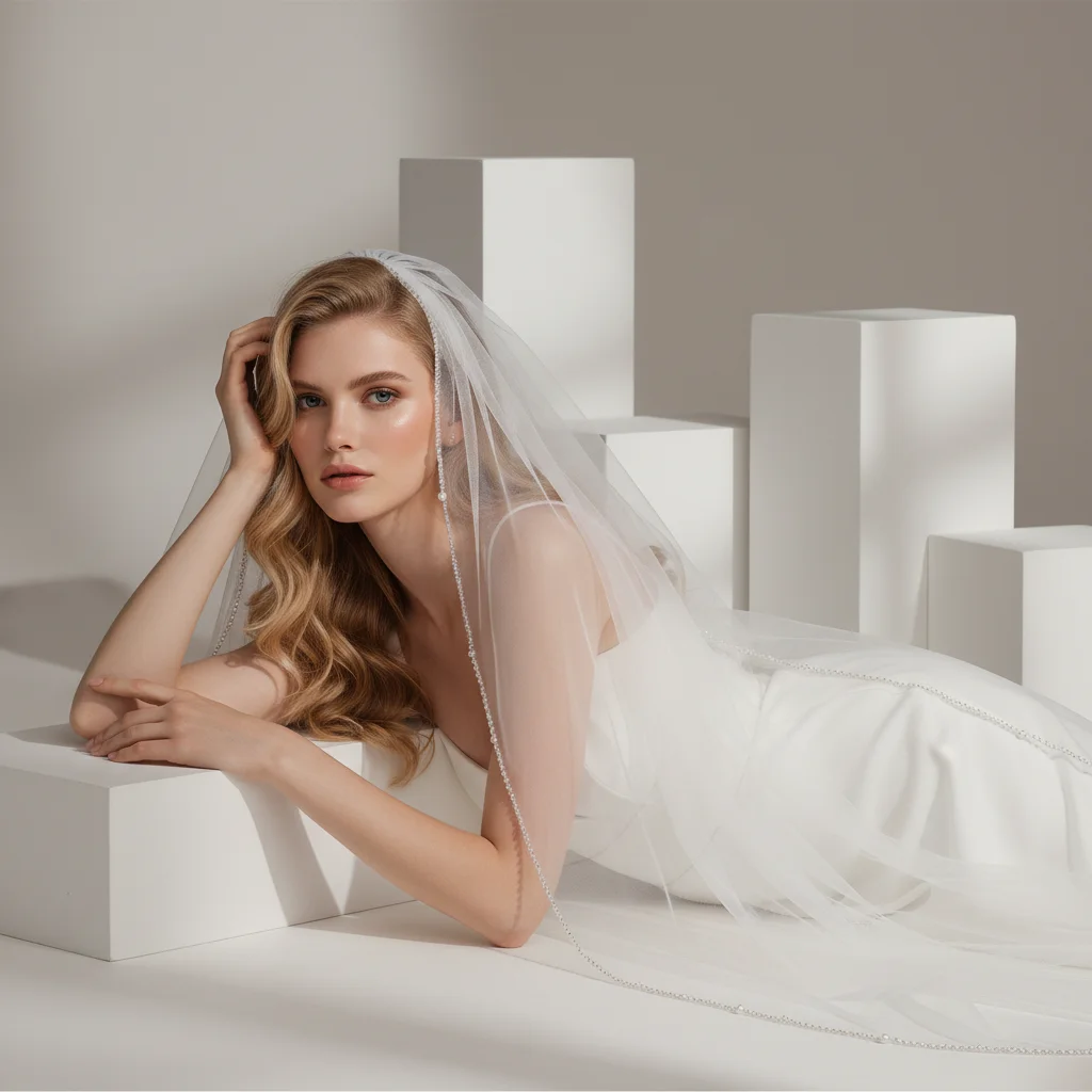 

Элегантная свадебная фата-катедраль белого/цвета слоновой кости с жемчужной каймой, кружевом с кристаллами и пайетками, длинным шлейфом из тюля, дизайн G57