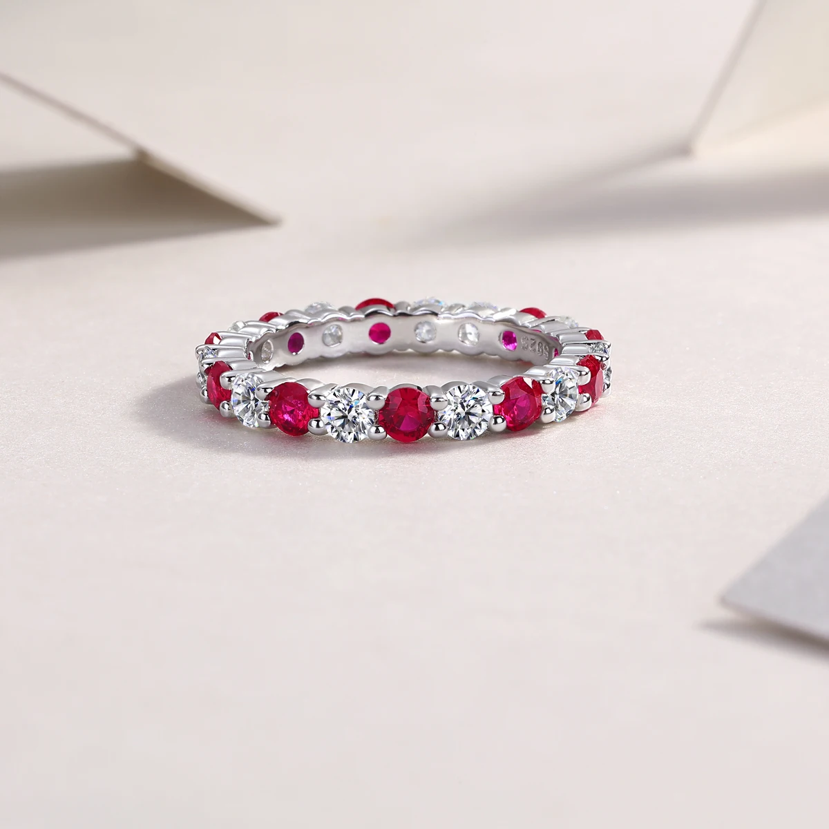 Elegant S925 Silver Ring with Alternating Moissanite & Rubies, 18K Gold Plated, Luxury Design, Includes GRA Certificate, Perfect