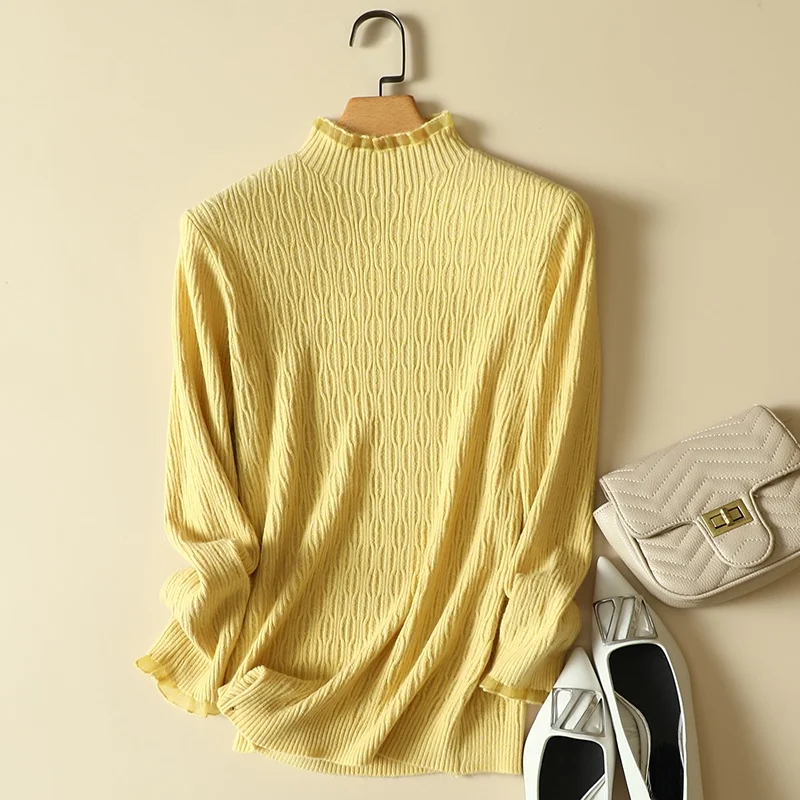 

Mock Neck Knitting Sweater Women Pullovers Winter New Design Solid Elegant Office Lady Pulls All Match Buttoming Tops