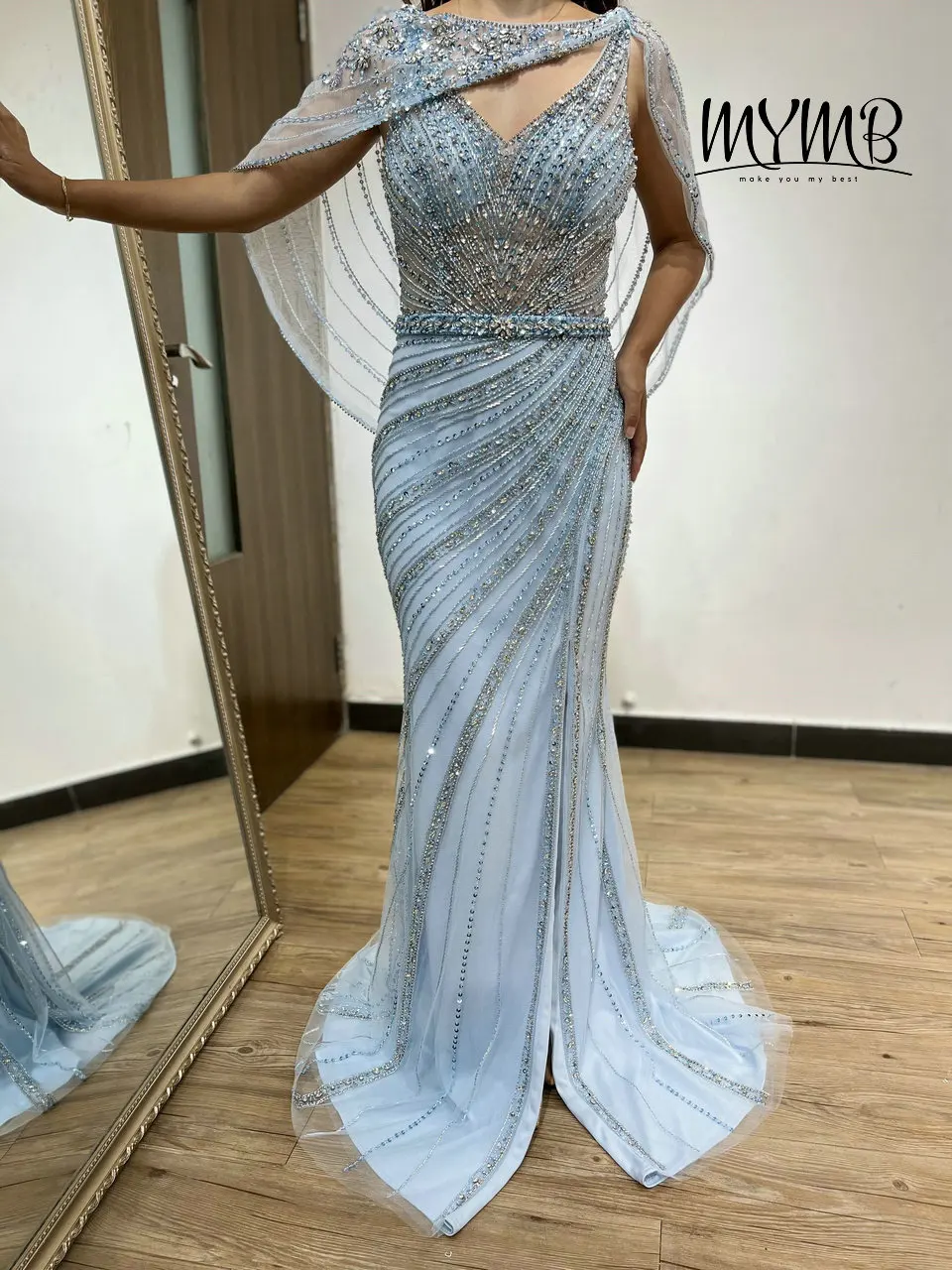 Hot Selling Couture Beading Mother Of Bridal Dress With Split Skirt Elegant Blue Light Party Dress MY31153