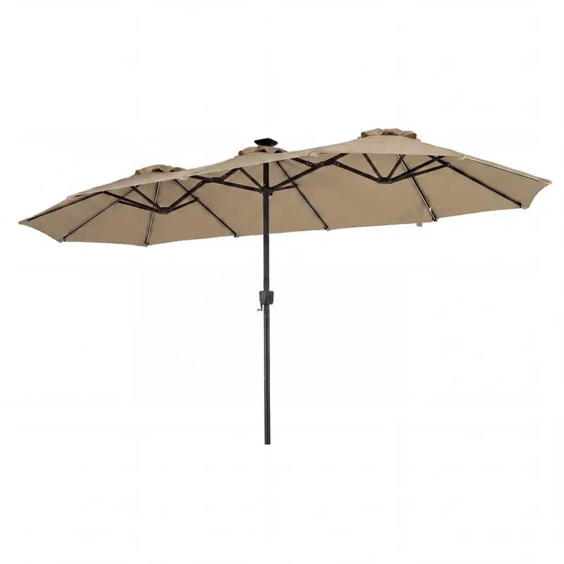 Parasol de marché, parasol de terrasse, tissu imperméable et protection UV, parasol de terrasse double face de 13 pieds avec lumières LED solaires à changement de couleur - Marron