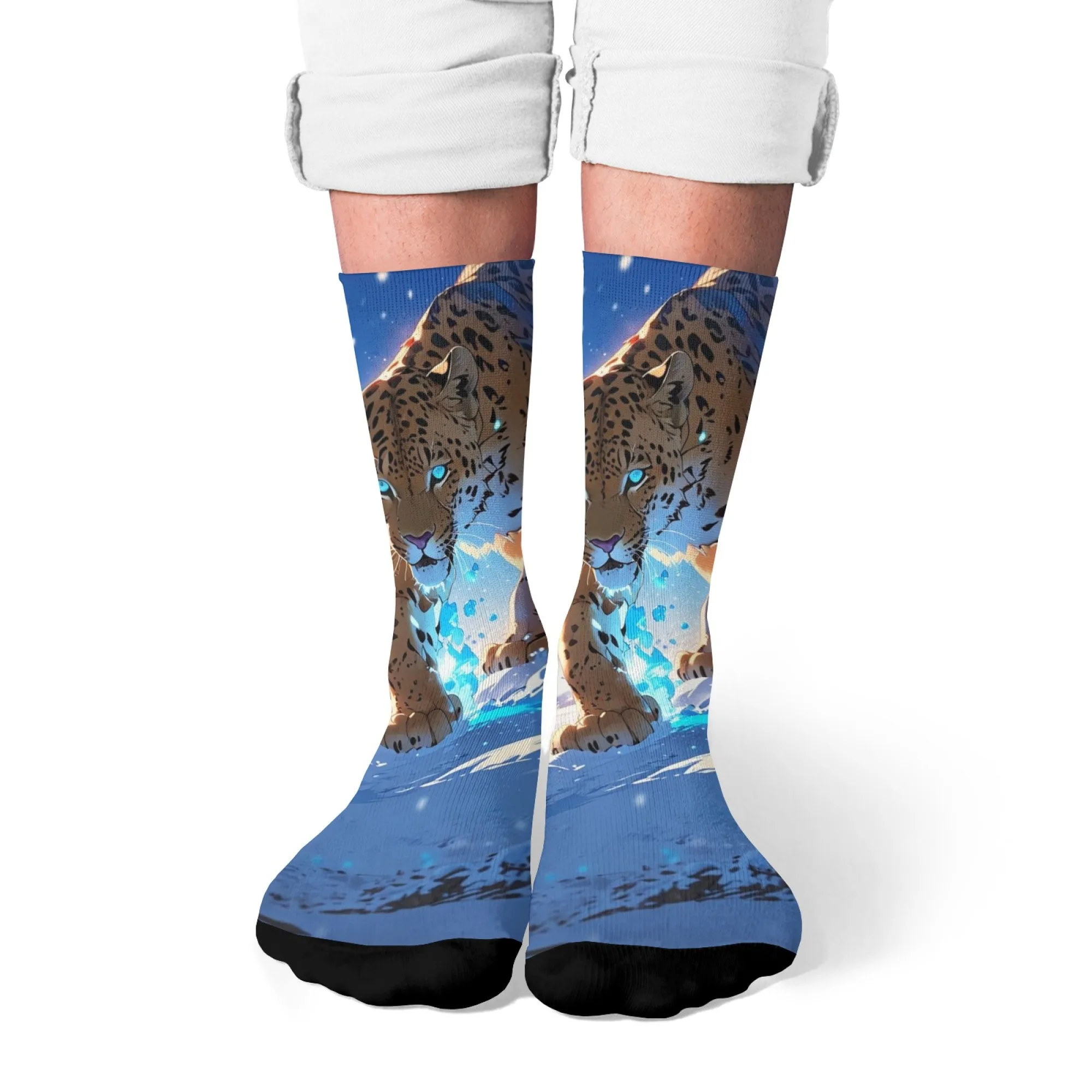 Eis und Schnee Gepard Druck Herren Socken Neuheit Harajuku Retro Straße Hip Hop Crew Socken Bequeme Atmungsaktive Casual Socken Geschenk