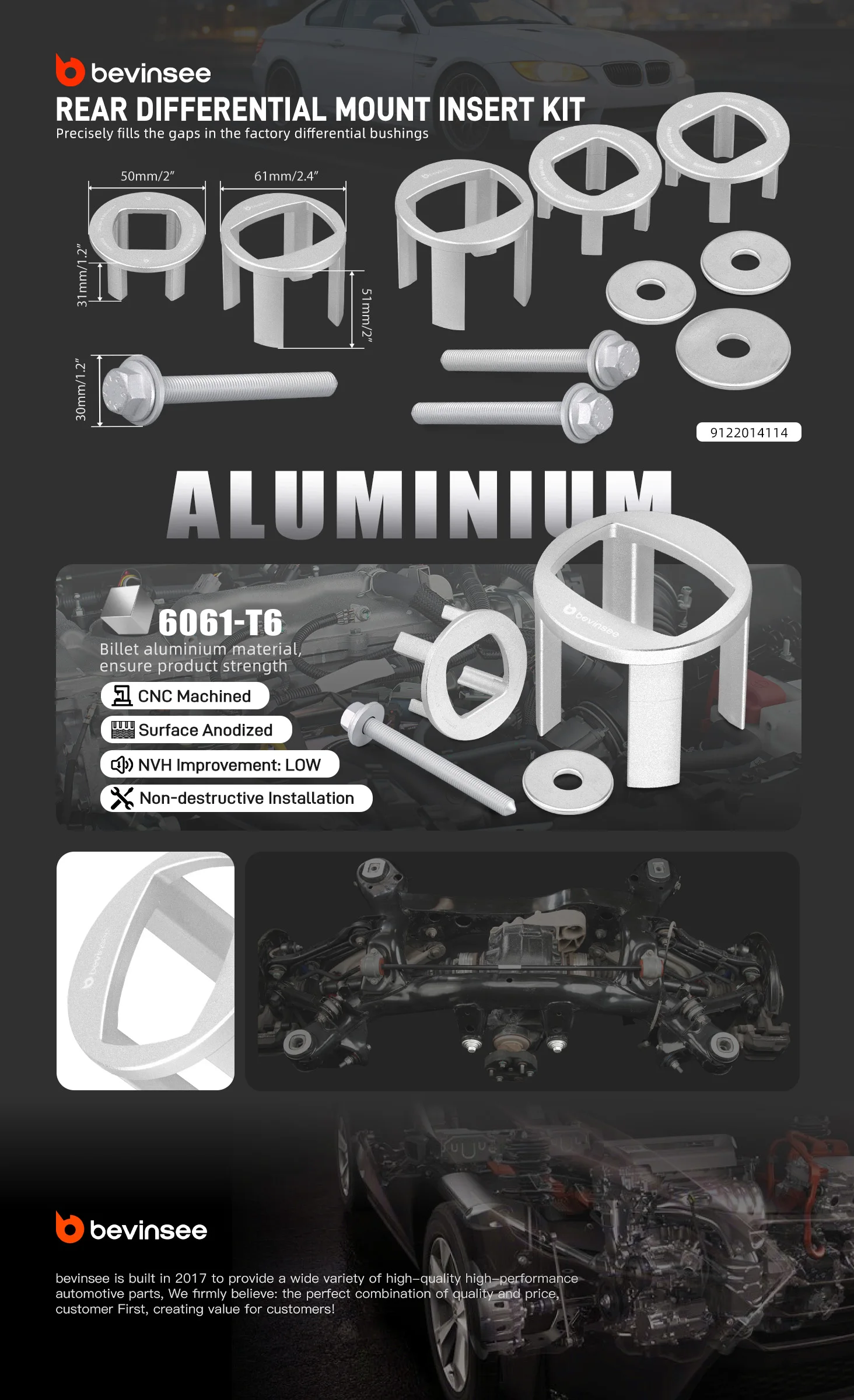 BEVINSEE Hinterachs-Differentialhalterungs-Einsatzkit für BMW E90 E91 E92 E87 E88 E82 E81 E93 2005-2013, Aluminium – Detail 1