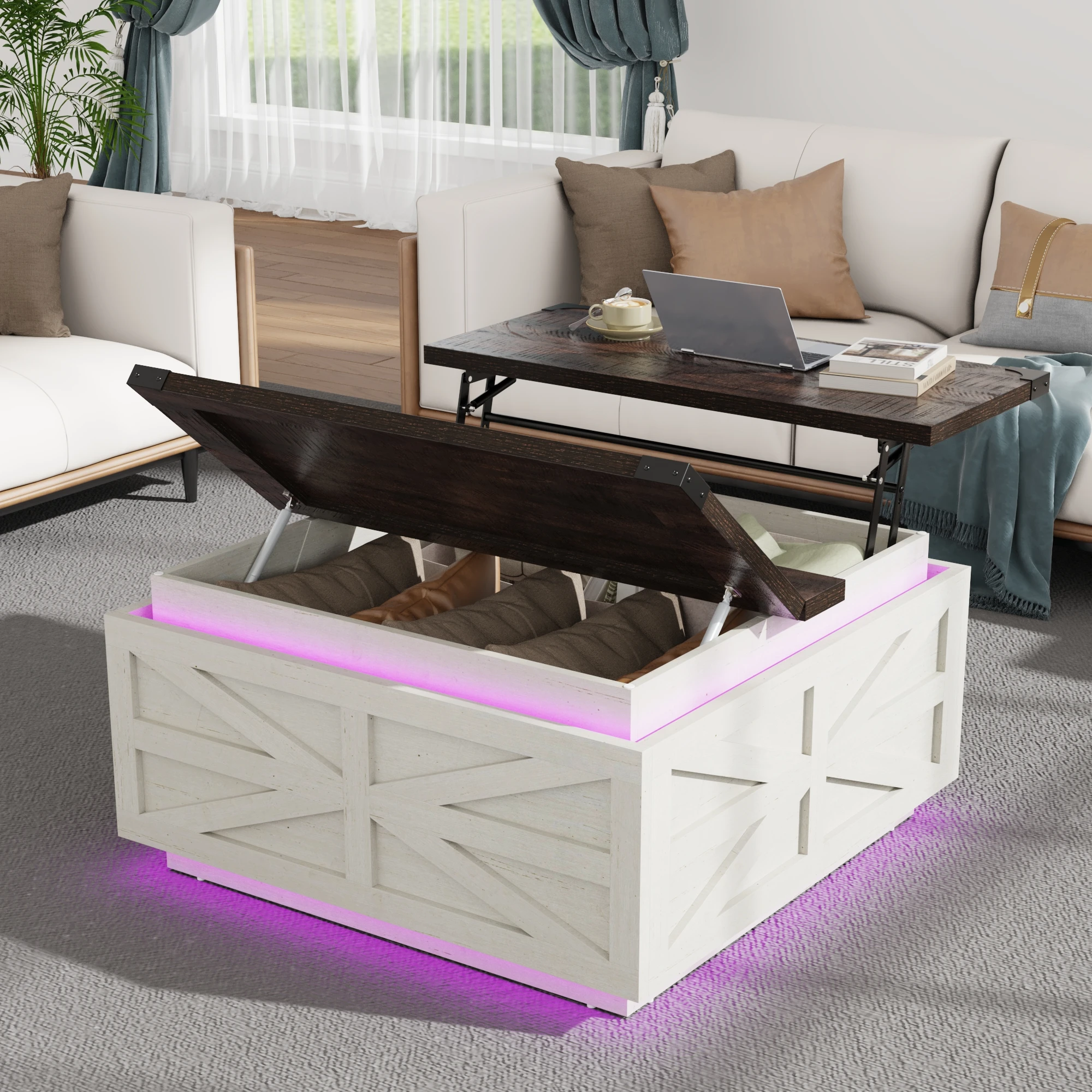 35.8" Farmhouse Lift Top Coffee Table with Storage, Square Coffee Table with LED Lights, Wood Center Table with Hidden Storage