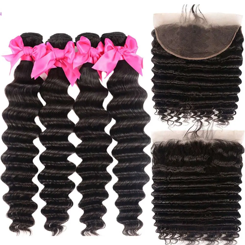 Malaysia Deep Wave Bundles With Frontal 12A Deep Curly Virgin Hair Weave Extension Wet And Wavy Curly 3/4 Bundles And Frontal