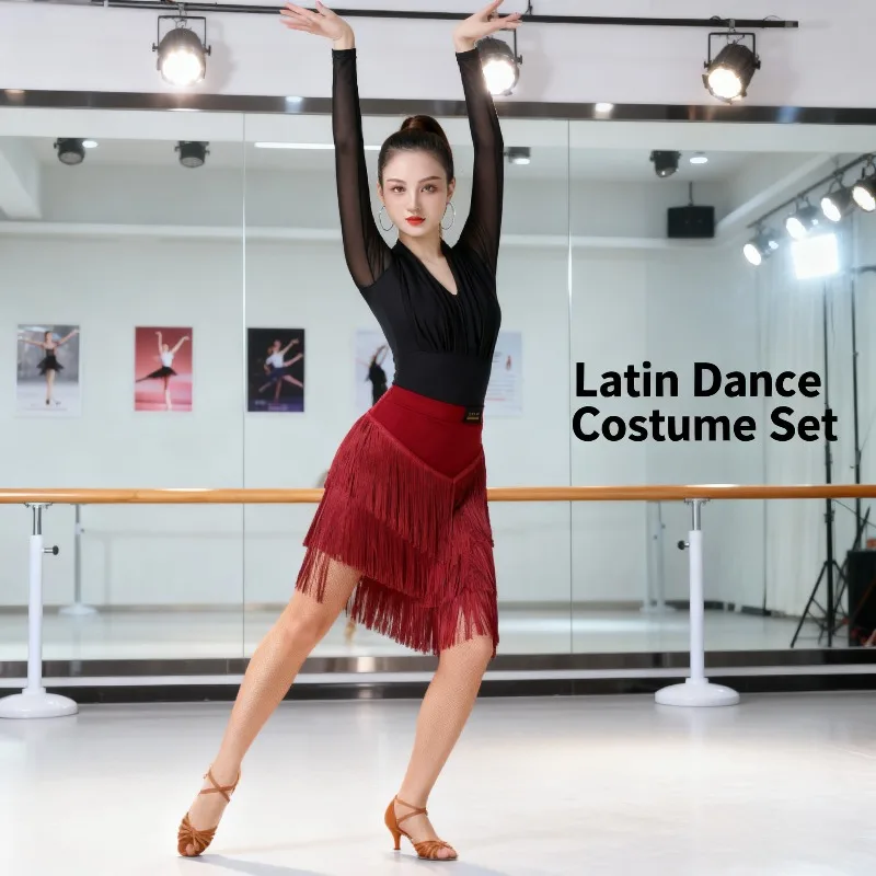 

Костюм для латиноамериканских танцев для взрослых женщин: юбка-полусолнце с бахромой для выступлений и соревнований