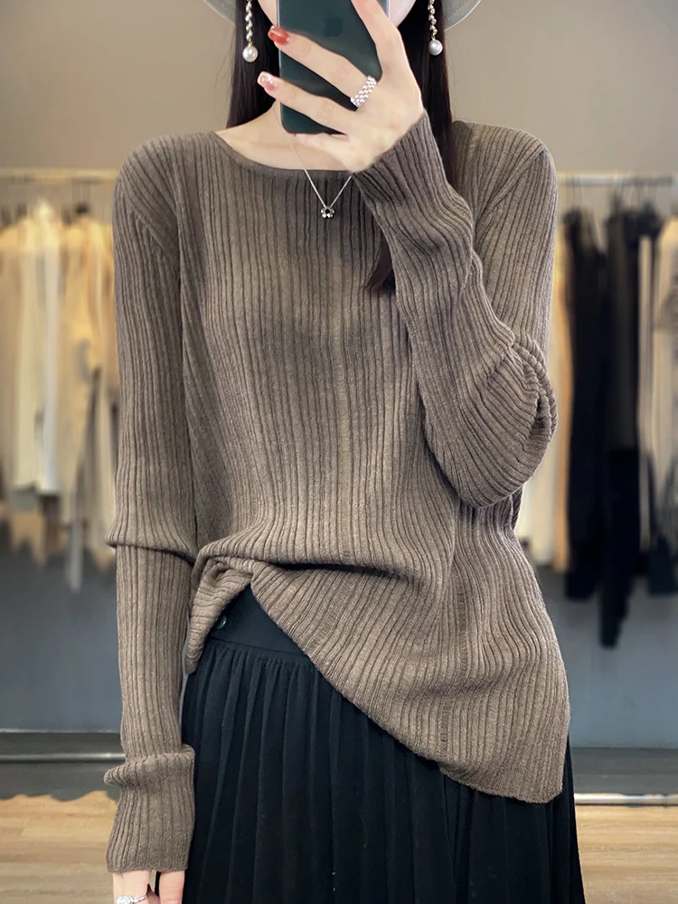 

100% Wool Sweater With A Straight Collar And Vertical Pattern Women's Top Solid Color Long Sleeved Commuter Women's Clothing