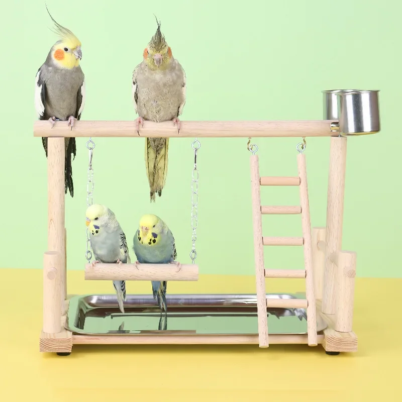 

Wooden Parrot Playstand Bird Plays Stand Cockatiel Playground Perch Gym Playground Ladder with Metal Feeder Plate Bird Supplies