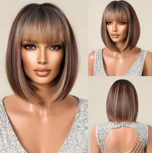 Peruca bob marrom com destaque, cor mista, cabelo sintético para mulheres, natural, curto, reto, com franja, alta temperatura