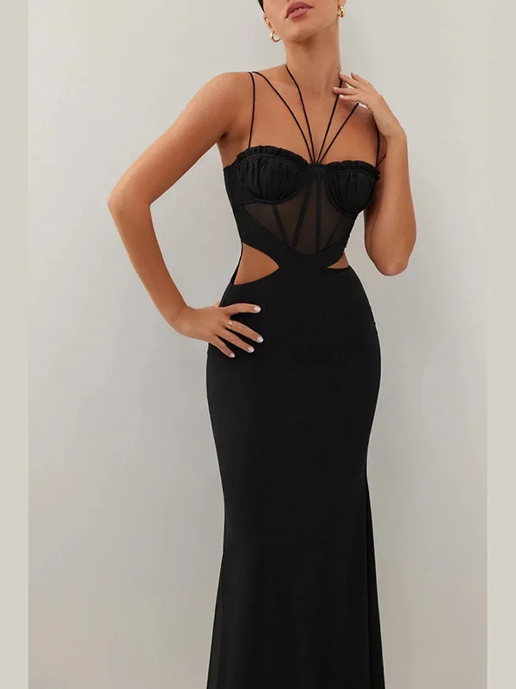 Sexy Hollow Out Sleeveless Women Maxi Dress Fashion Backless Bodycon Dresses 2024 Female Black See Through Party Club Robes