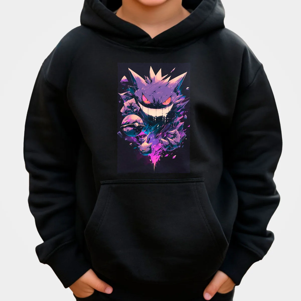 Pokemon Anime Gengar Baumwoll-Hoodie, Schwarz mit lila Geist, leuchtende Augen, Rot, Blau, Feuere Ausdruck, lockere Passform, lässig
