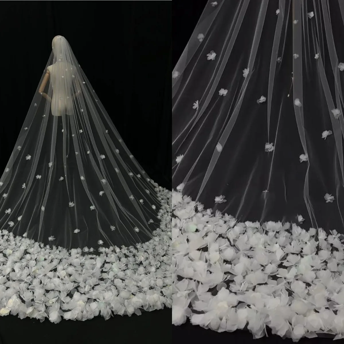 Luxury Transparent Bridal Veils 3D Flower Petal Decor Long Cathedral Bride Sheer Tulle Train Custom Wedding Accessories Veil