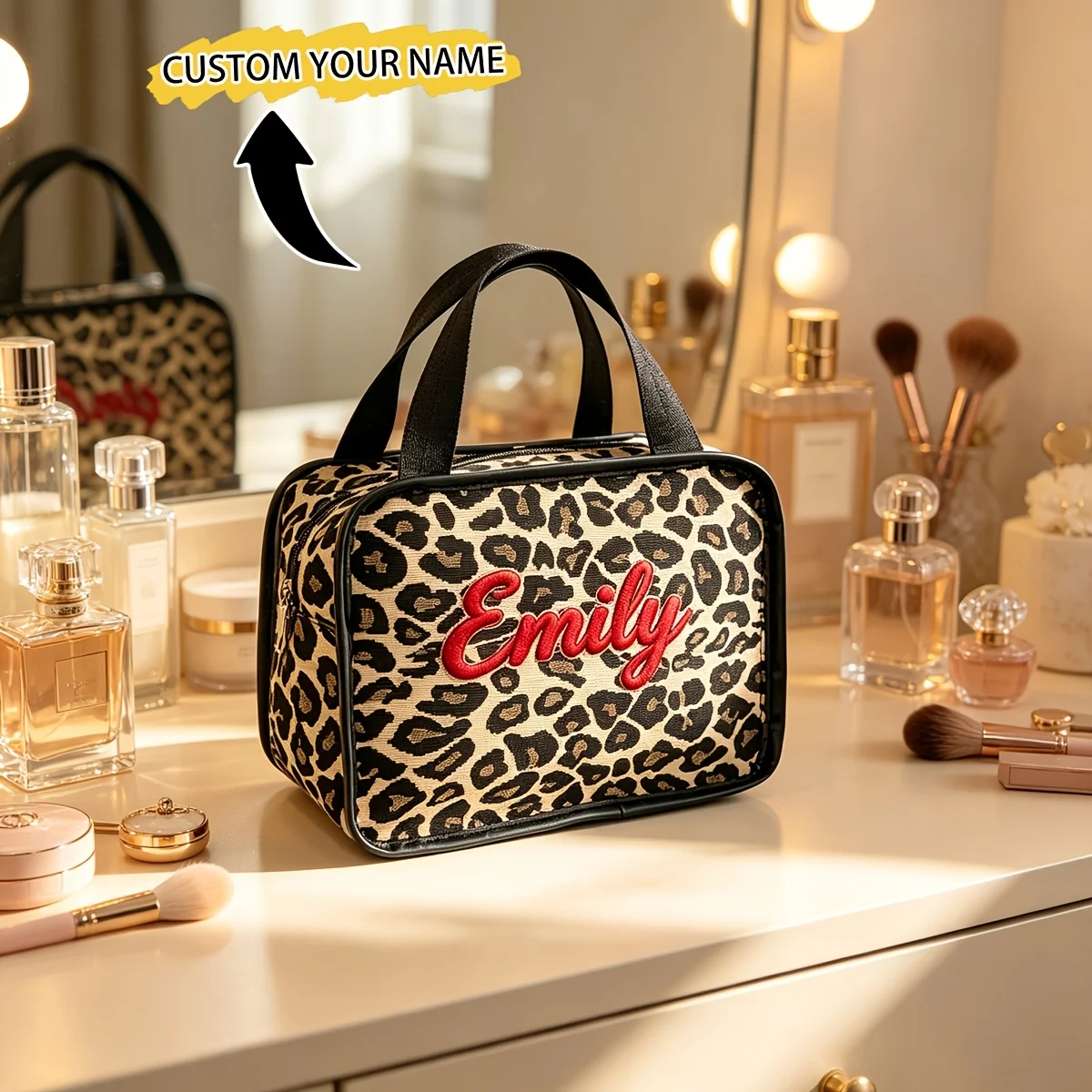 Bolsa de Maquillaje Personalizada con Iniciales Bordadas y Estampado de Leopardo, Organizador de Artículos de Aseo para Viaje, Bolsa de Almacenamiento Portátil