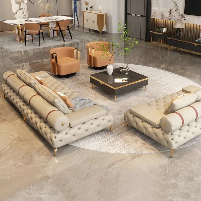 

High-end Italian light luxury first-layer cowhide sofa straight row villa pull-up American leather sofa