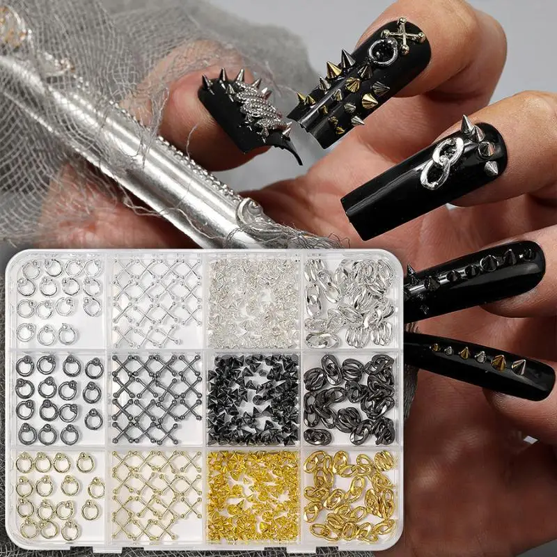 12 Grids Alloy Nail Charms Punk Y2K Metal Parts Manicure Rivet Chain Nail Tip Decoration Retro Circle Nails Supply DIY Crafts